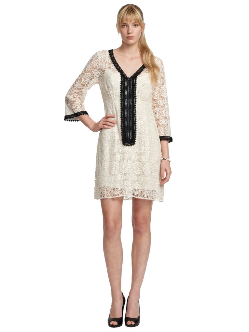 Nanette Lepore Sheath Dress Lace Crochet Zip Front Y2K Made in USA Linen Cotton